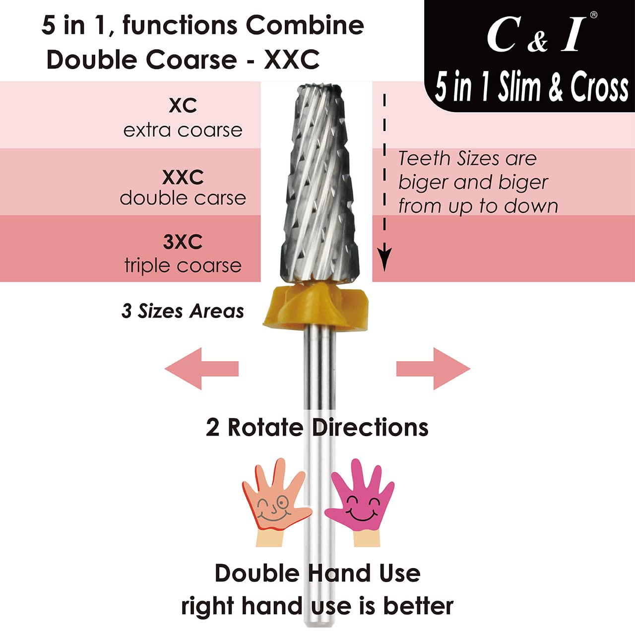 C & I 5 in 1 Nail Drill Bit, Cross & Slim Edition, Professional Nail Drills for Electric Manicure Drill Machine (Double Coarse -