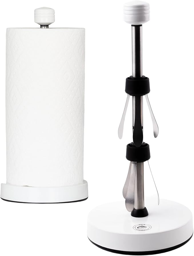 Dear Household Stainless Steel Paper Towel Holder Easy One-Handed Operation - This Sturdy Weighted Paper Towel Dispenser Countertop Model Has Suction Cups and Holds All Paper Towel Rolls - White