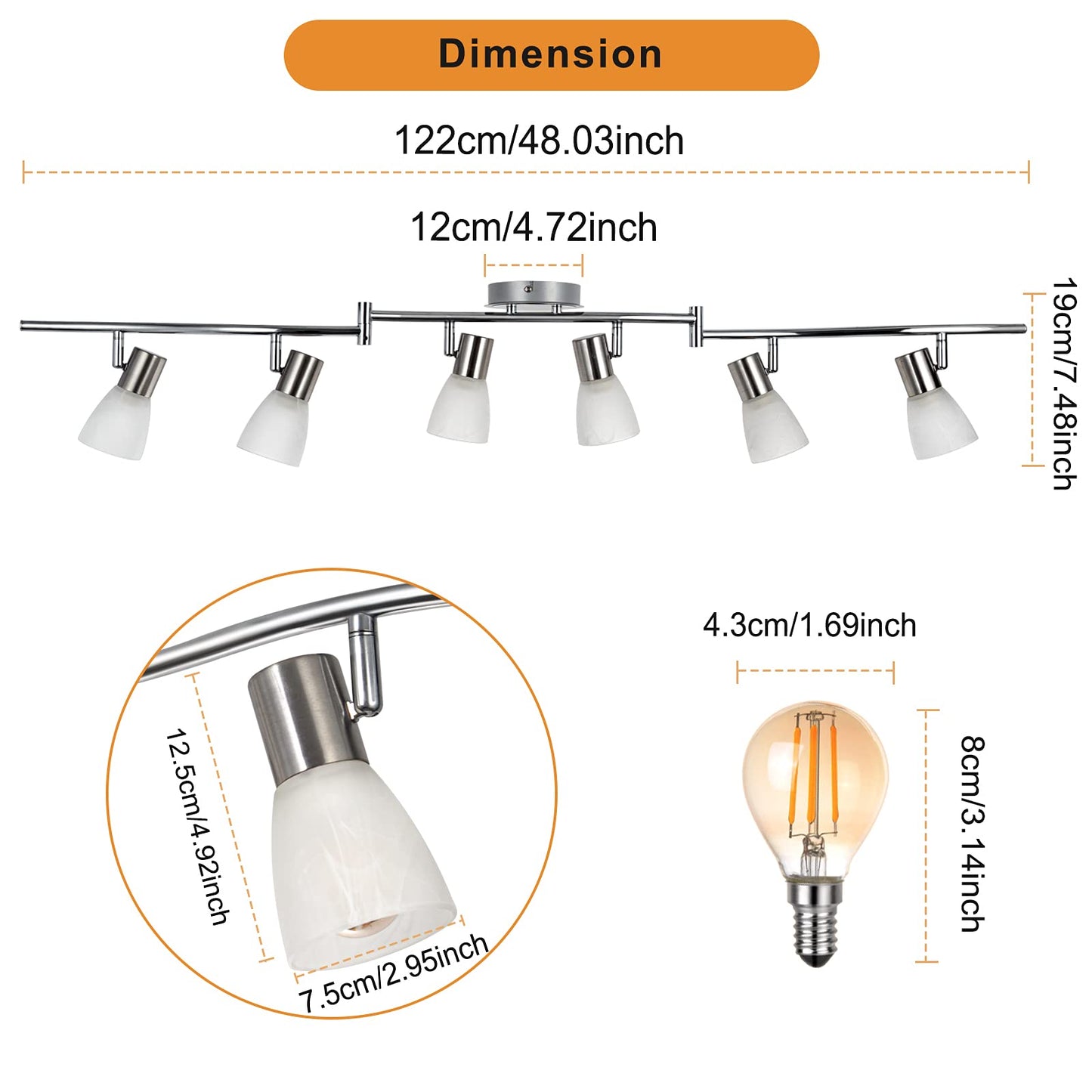 Hibay Led Ceiling Light Fixture  Adjustable 6-Light Track Lighting Kit  Modern Kitchen Spotlight With Glass Lampshade For Living Room Bedroom Hallway  E12 Base (Bulbs Not Included