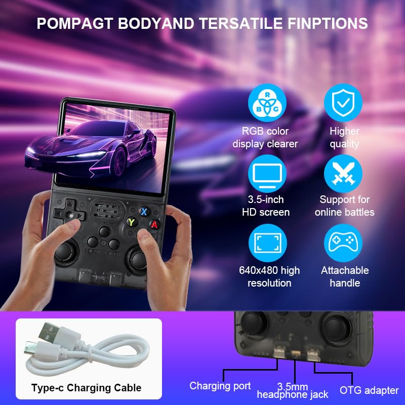 R36S Handheld Game Console, 3.5" IPS Screen Retro Game Emulator with Open Source System, Portable Video Gaming Player with Built in 3000+ Games, 64GB TF Card, Gift for Adults Teens Kids, Black
