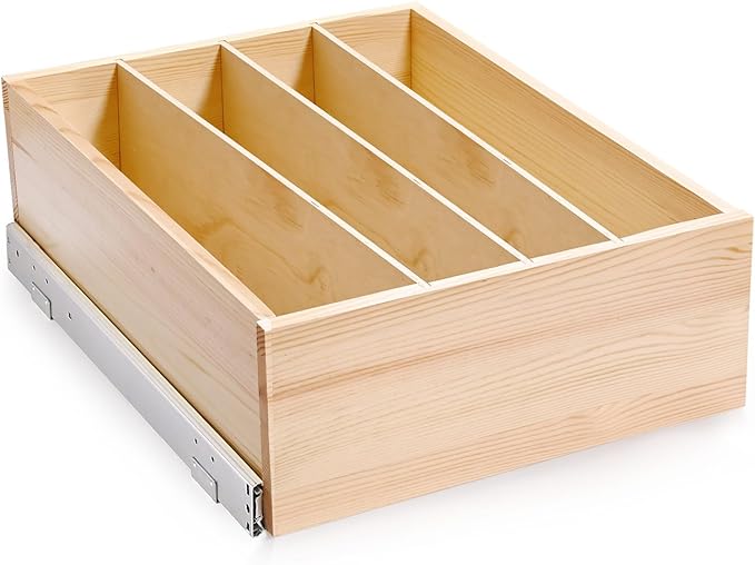 Pull Out Cabinet Organizer with Divider, 18''W×21''D×7''H Soft Close Wood Drawer for Kitchen Pantry, Finished, Heavy-Duty, Bottom Assembly (Wood Drawer Part Width is 17'')