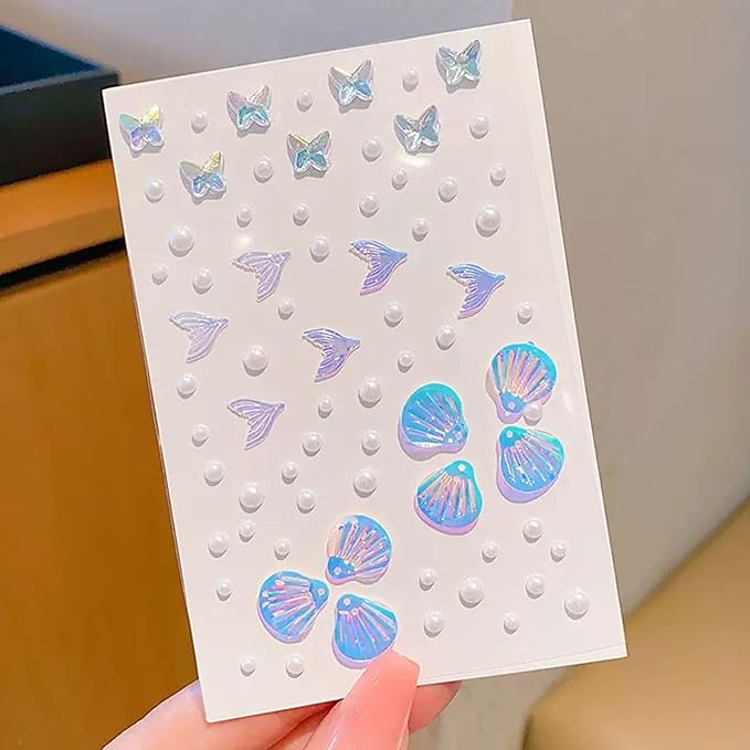 140 pcs Mermaid Face Gems & Seashell Rhinestones -Waterproof Self-Adhesive Face Jewels for Festival, Rave, Cosplay, Body A...