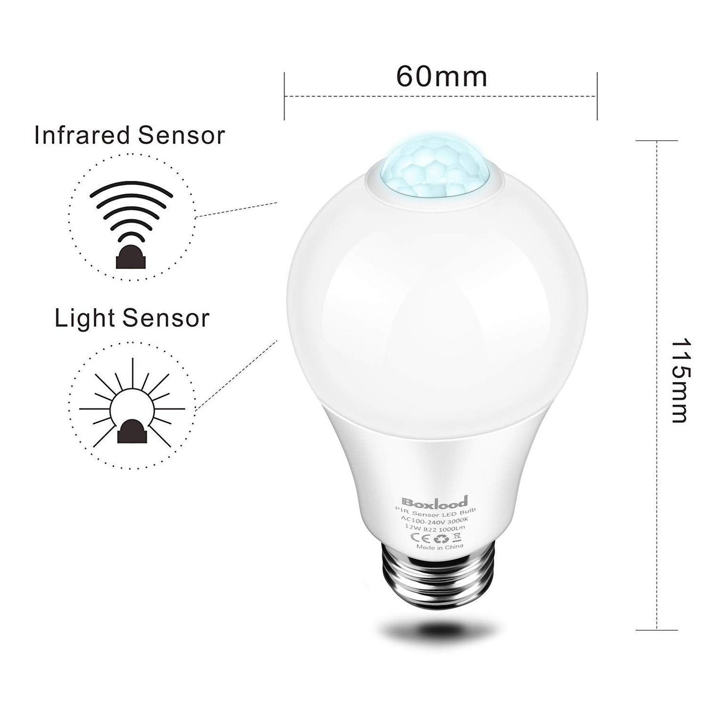 Boxlood Motion Sensor LED Light Bulb, 12W, 1000LM, A19, E26, Warm White, 2 Pack, Model QP6012SA