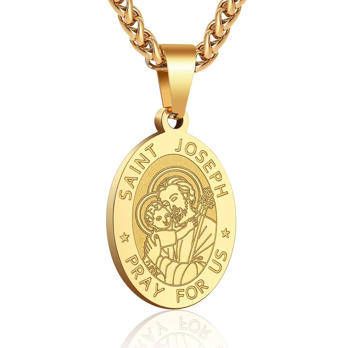 Zocomi 18K Gold Plated Saint St Joseph Medal Necklace for Men Boys, St. Joseph Pendant Chain Jewelry Catholic Christian Religiou