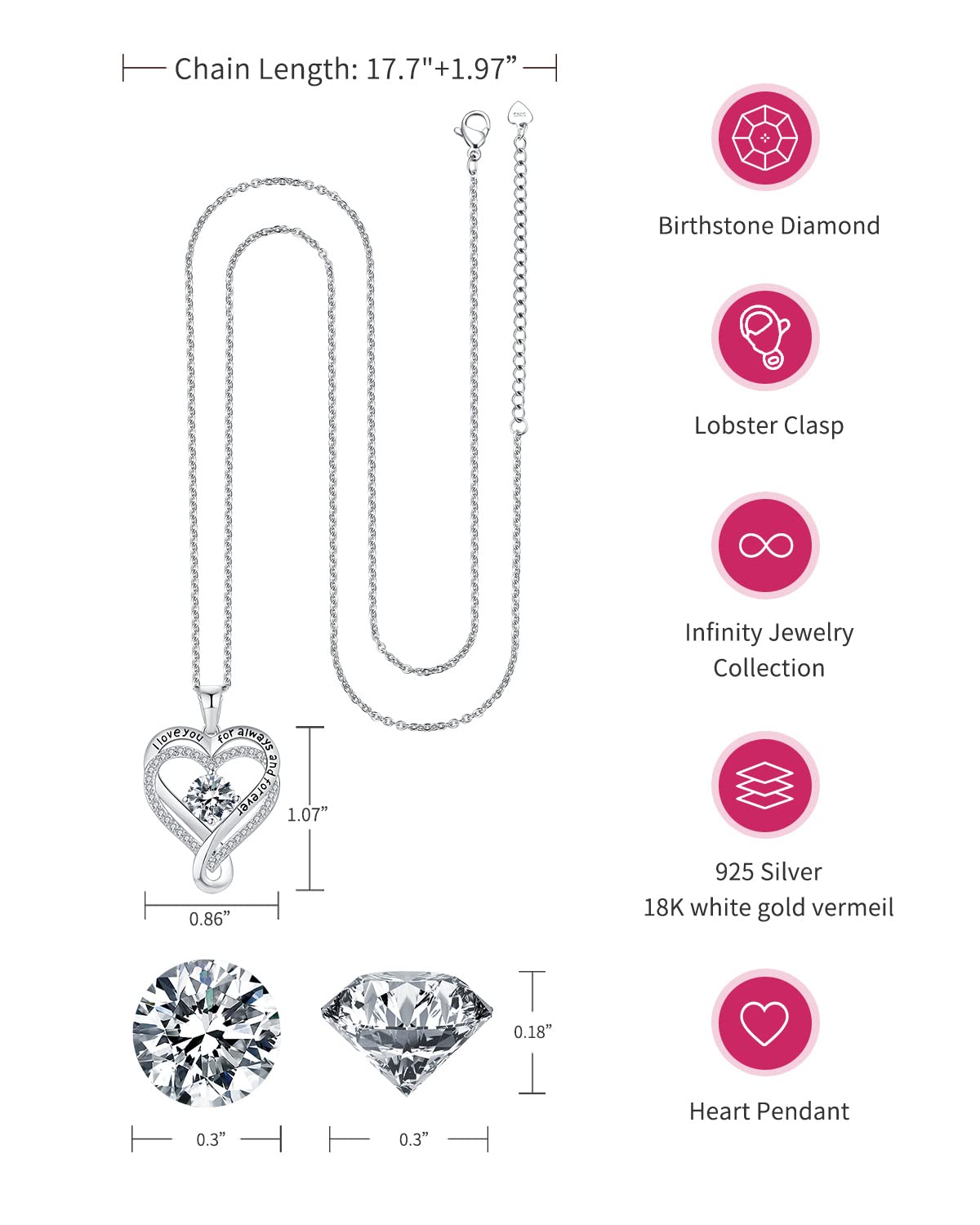 Mkhhy Diamond Birthstone Infinity Heart Necklace for Women Anniversary for Her Wife Birthday Gift Ideas I love you Jewelry for W