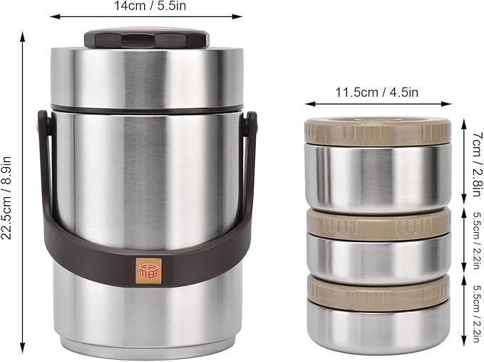 Yosoo for Hot food Wide Mouth Lunch Box, 2000ml 3-Layer Stackable Insulated Food Container Reusable Leak Proof Soup Food Jar for Warm/Cool Food Daily Office Travel Picnic Outdoor Meals(Silver)