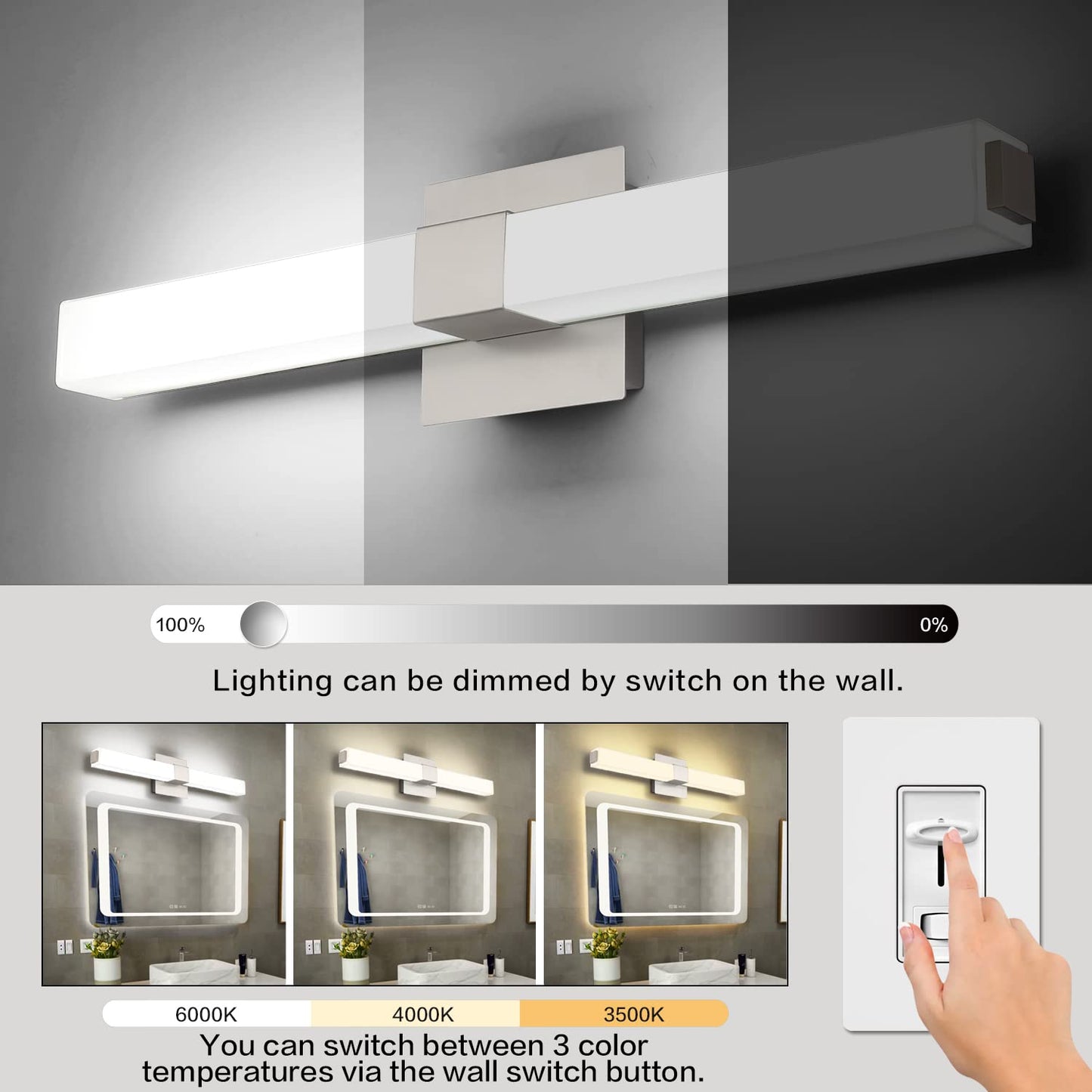 ZUZITO 24in Bathroom Vanity Light, 18W Dimmable LED, Brushed Nickel, 3CCT Selectable, Model S16001-613mm-3C