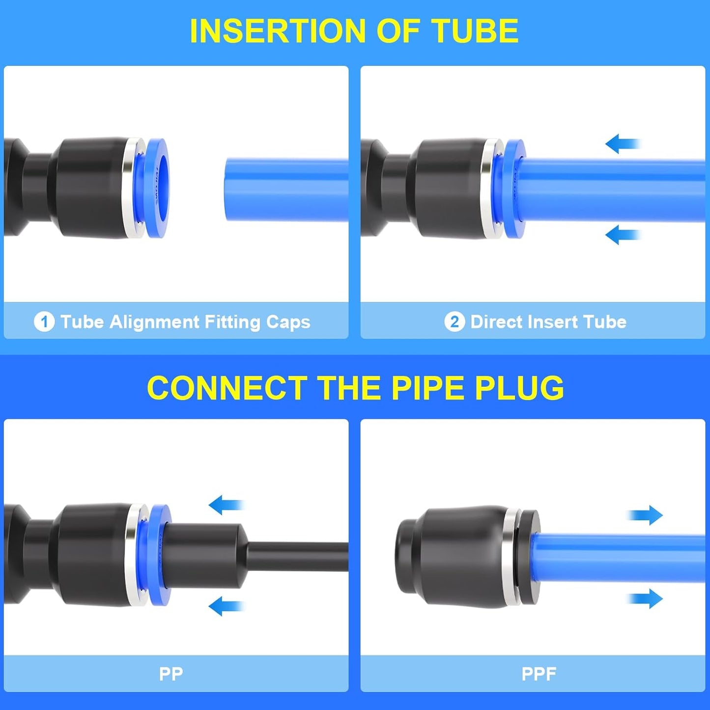 TAILONZ PNEUMATIC 1/4 Inch od Push to Connect Fittings Pneumatic Fittings Kit 10 Spliters+10 Elbows+10 tee+10 Straight+10 PPF+10 PP (60 pcs)