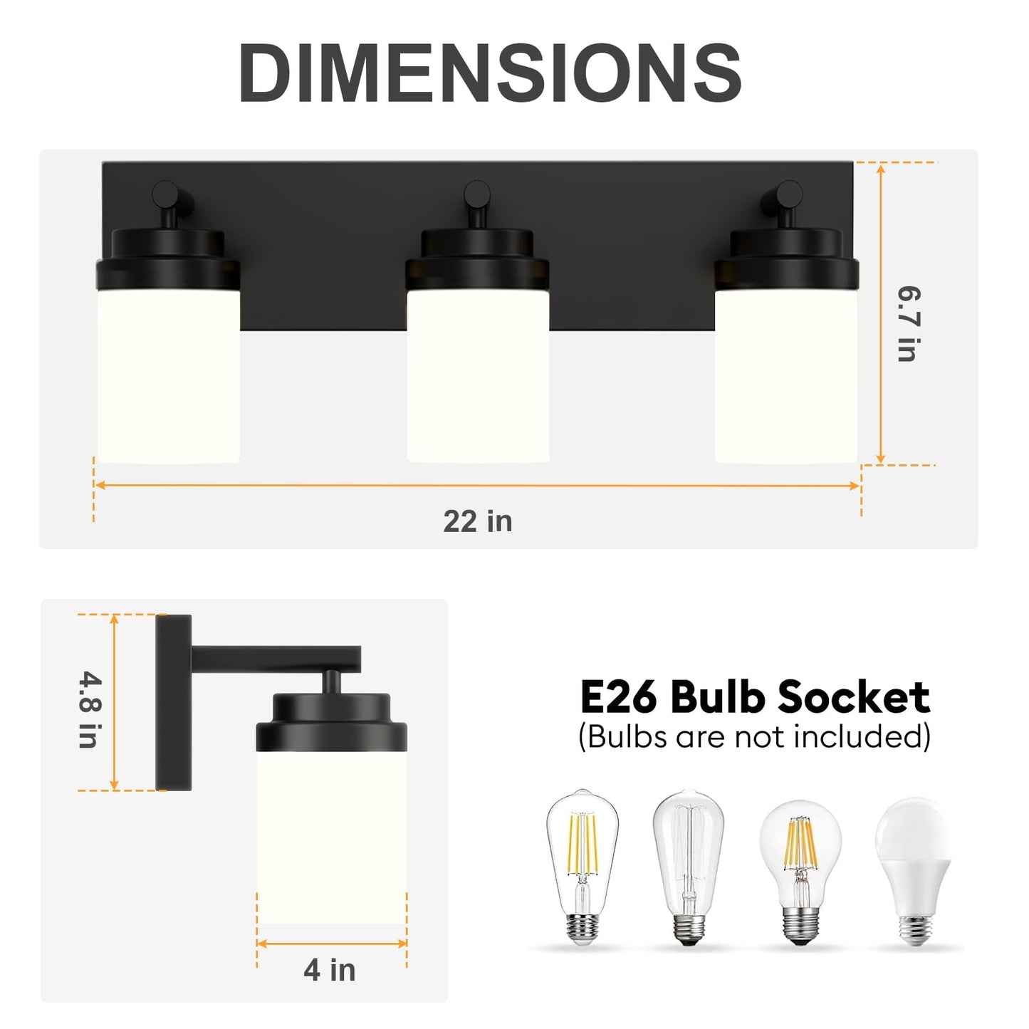 Izorro Bathroom Vanity Light Fixture  3-Light 22 Inch Matte Black Bathroom Light Fixtures Over Mirror  With White Glass Shade  Modern Farmhouse Vanity Lights  Rustic Restroom Lighting Fixtures