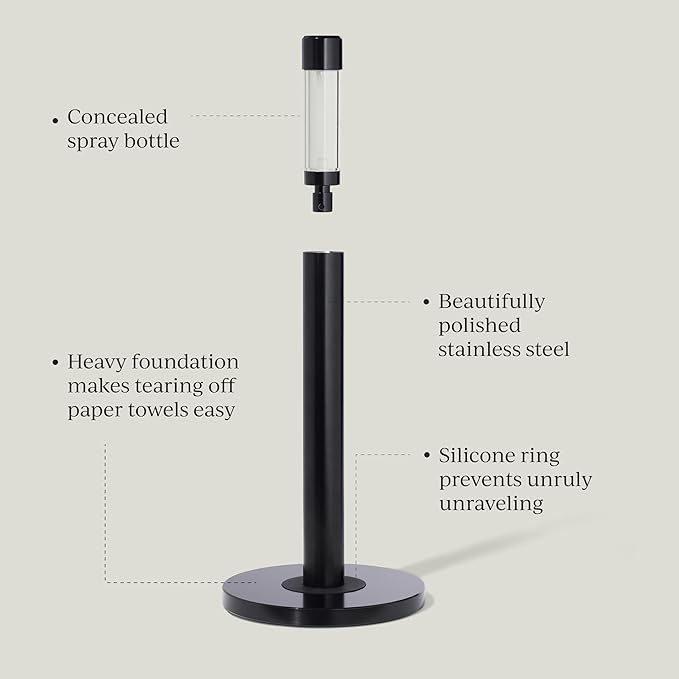 Curio Home Goods Obscura Paper Towel Holder plus Spray Bottle, Stainless Steel, Black
