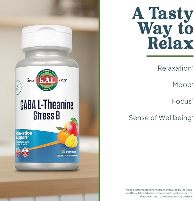 KAL Vitamin D-3 5000 IU ActivMelt and GABA L-Theanine Stress B Lozenge Bundle - 90 Instant Dissolve, Natural Lemon Lime Flavor Micro Tablets and 100 Natural Mango Tangerine Flavor Lozenges