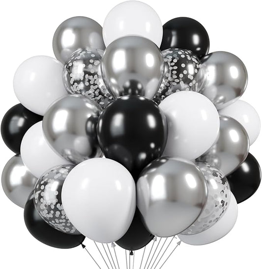 Black and Silver Balloons, 60pcs 12 Inches Black White Silver Confetti Balloons with 1 Ribbon for Birthday, Baby Shower, W...