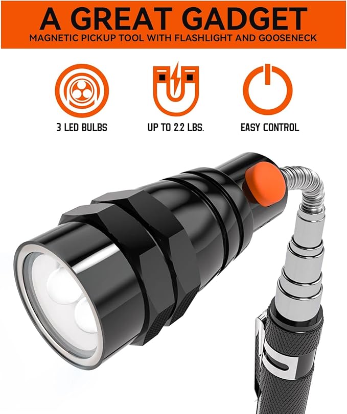 Gifts for Dad, Magnetic Pickup Tool with LED, Telescoping Magnet Flashlight, Cool Gadgets Stocking Stuffers for Teen Boys, Christmas Gifts for Men, Husband, Handyman, Boyfriend, Him, Dad, Black