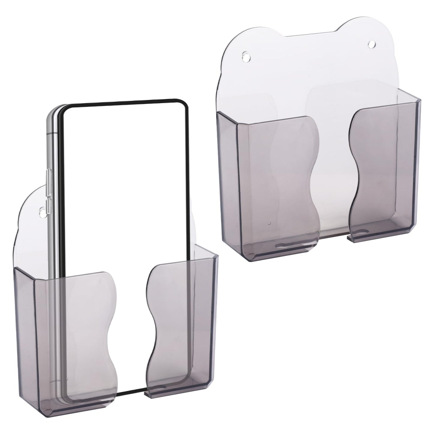 2Pcs Wall Mount Phone Holders, Clear Plastic Self Adhesive With Charging Hole Shelf Stand, Bedside Smartphone Stand Cradle, Cell