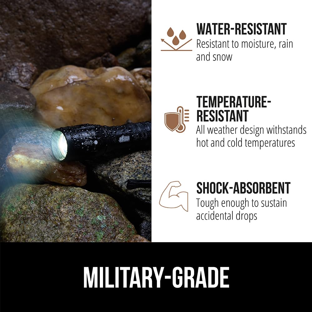 Gorilla Grip LED Tactical Handheld Flashlight, 750 FT Zoom, 5 Modes, Water Resistant, Black, Model 840029670880
