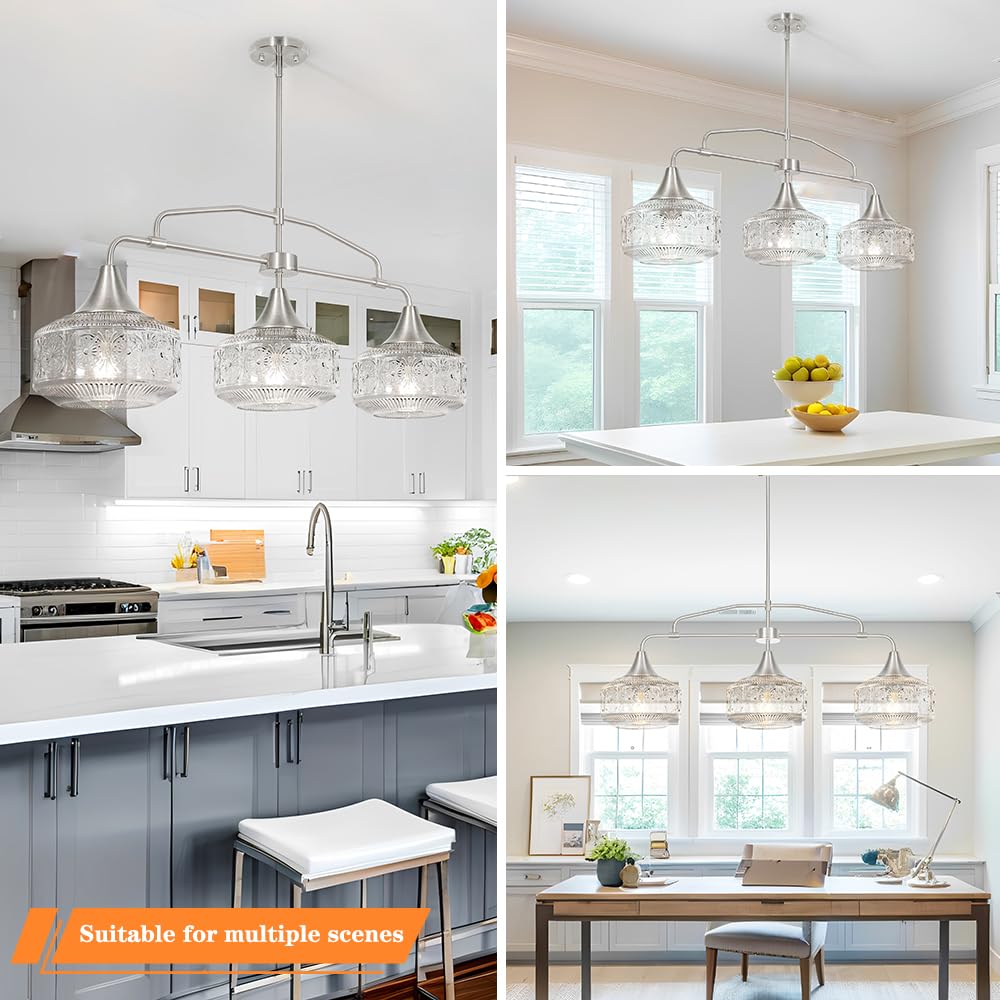 3-Light Island Light For Kitchen  Adjustable Farmhouse Kitchen Island Lighting With Clear Glass  Brushed Nickel Dining Room Light Fixture Over Table  Linear Chandelier Pendant Lighting Over Sink