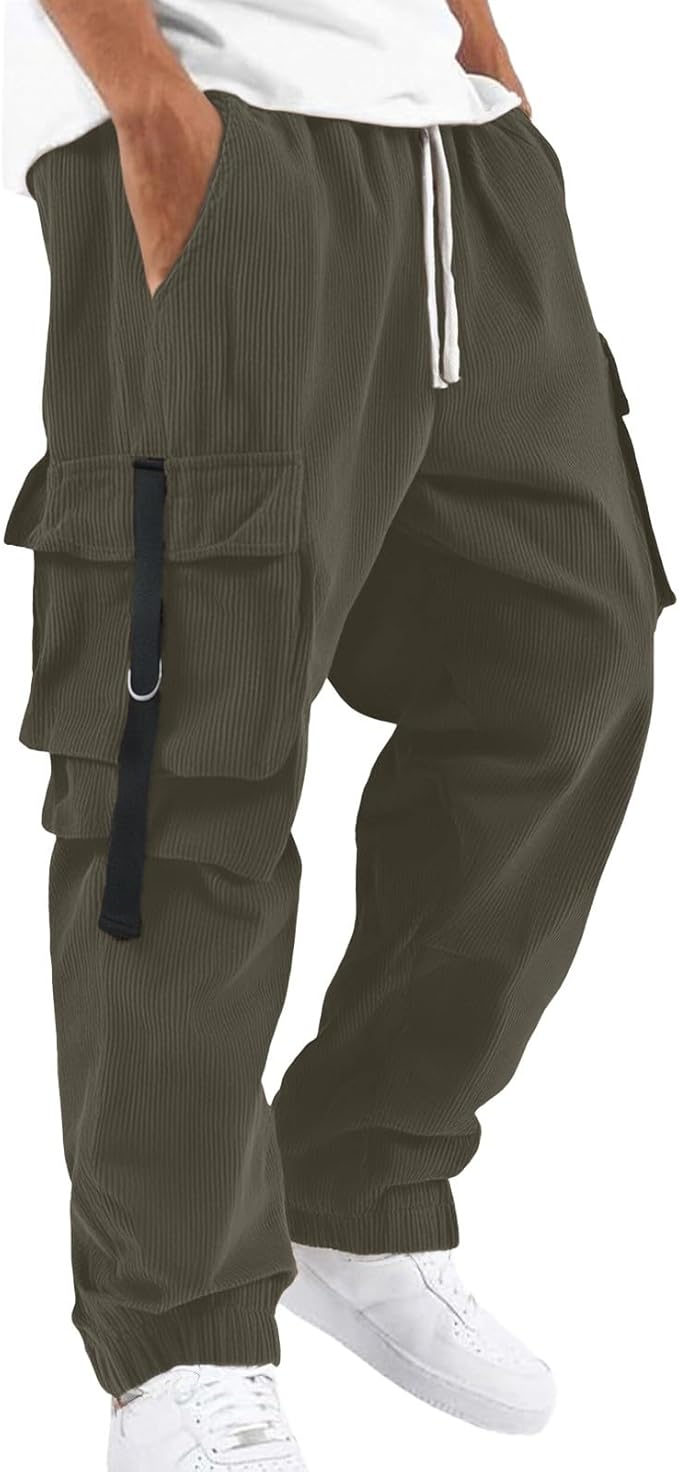 Corduroy Cargo Pants Mens Casual Drawstring Elastic Waist Tapered Pants Loose Fit Lightweight Joggers Trousers with Pockets
