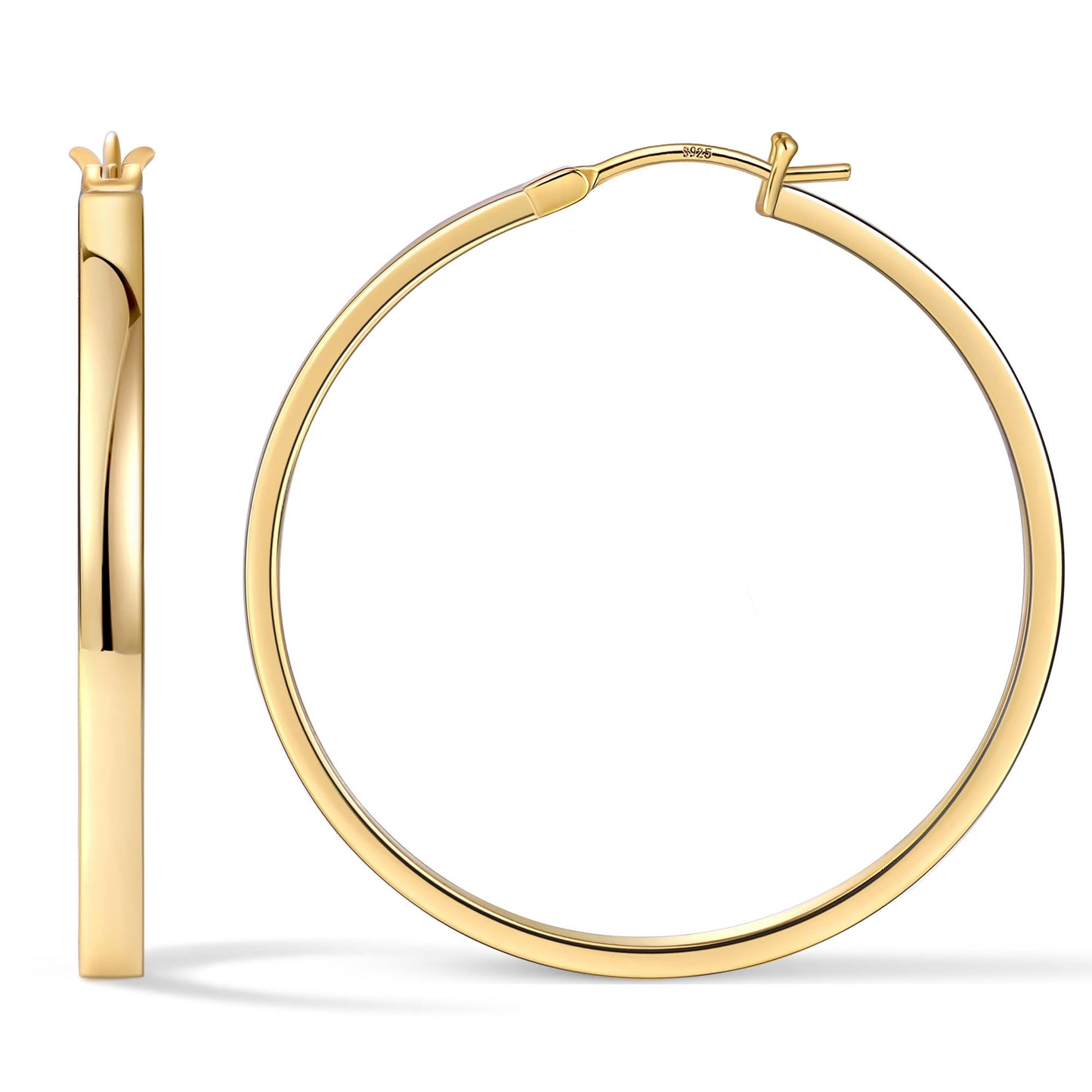 Gacimy Gold Hoop Earrings for Women, 14K Gold Plated Flatted Hoops with 925 Sterling Silver Post, 40mm Medium Earrings for Women