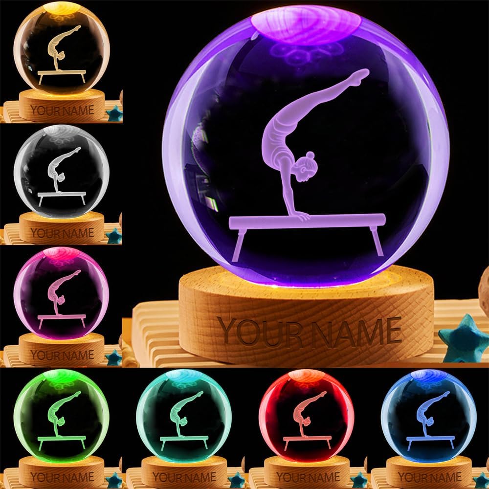 Personalized Gymnastics Crystal Night Light Gift for Women, Custom Name/Number Gymnastics Player 3D Crystal Ball Night Light Lamp for Bedroom Room Sports Decor Party Bar Christmas Birthday Gift
