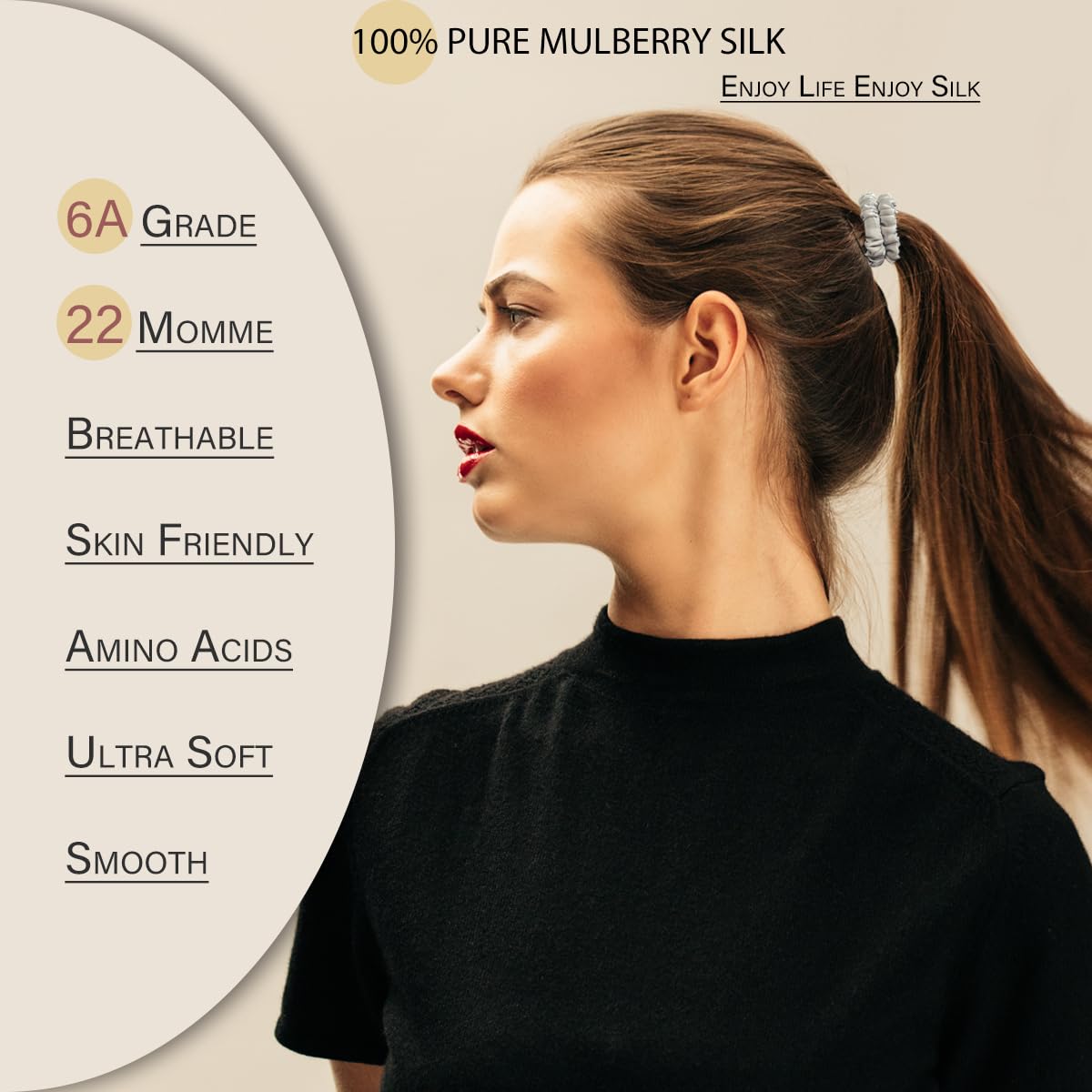 22 Momme 100% Pure Mulberry Silk Scrunchies (10 PCS) - Small Hair Elastics and Ties for Women Sleep, Hair Care No Damage, Black*
