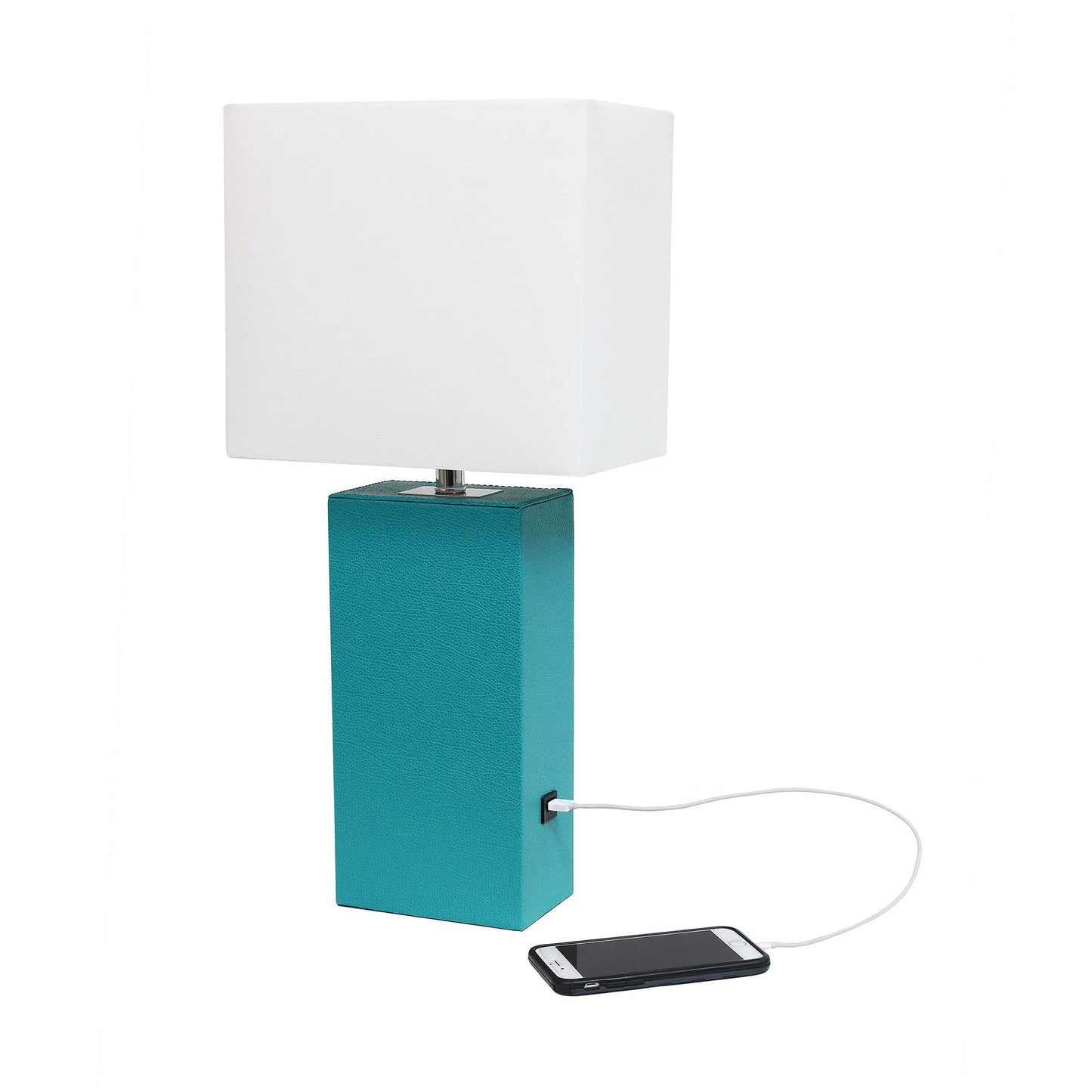 LALIA HOME Bedside Table Lamp with USB Charging Port, Modern Design, Teal, Leather Base, Model LHT-3012