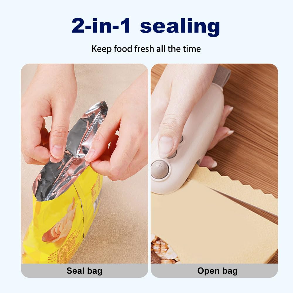 Mini Bag Sealer, 2025 Upgraded 2 in 1 Sealer with Cutter and Magnet, USB Rechargeable Chip Bag Heat Seal, Portable Handheld Resealer Machine for Plastic Bags Snack Bags Food Storage (2, White)