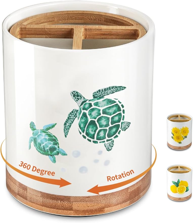 HAPPY KIT 7.6″ Extra Large Kitchen Utensil Holder, 360° Rotating Utensil Holder for Kitchen Counter with 3 Removable Compartment, Housewarming Gift & Farmhouse Decor(Turtle)