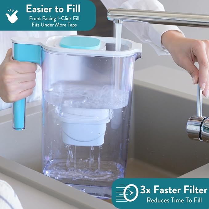 Perfect Pour Large 10 Cup Water Filter Pitcher by Aqua Optima, Reduces Microplastics, Ergonomic, Eliminates Splashes and Spills, BPA Free, NSF Certified, Includes 3 Evolve+ Water Filters, Blue