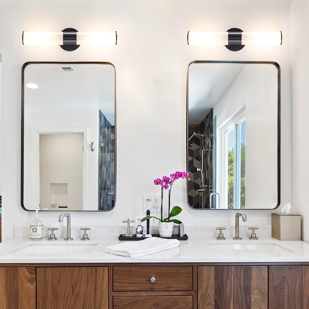 Black Wall Sconces Set Of 2  Modern Sconces Wall Lighting  Bathroom Vanity Lights With Opal White Glass Shade  Vanity Sconce Over Mirror  Wall Light Fixtures For Living Room Bedroom Hallway Stairs