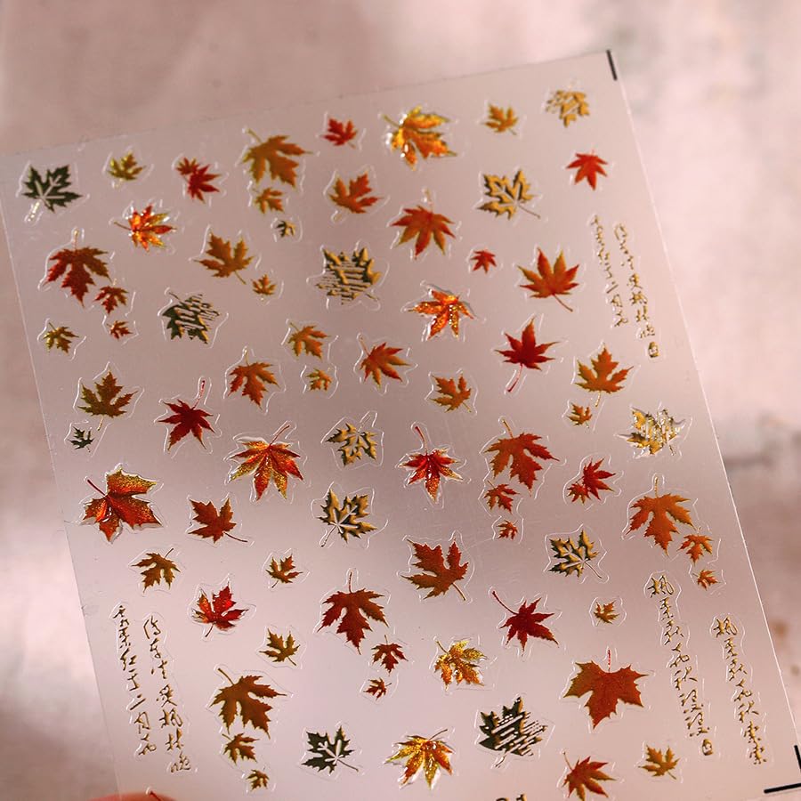 5D Embossed Autumn Maple Leaves Nail Art Stickers Glitter Gold Jelly Maple Leaf for Nail Stickers Thanksgiving Day Fall Gold Lea