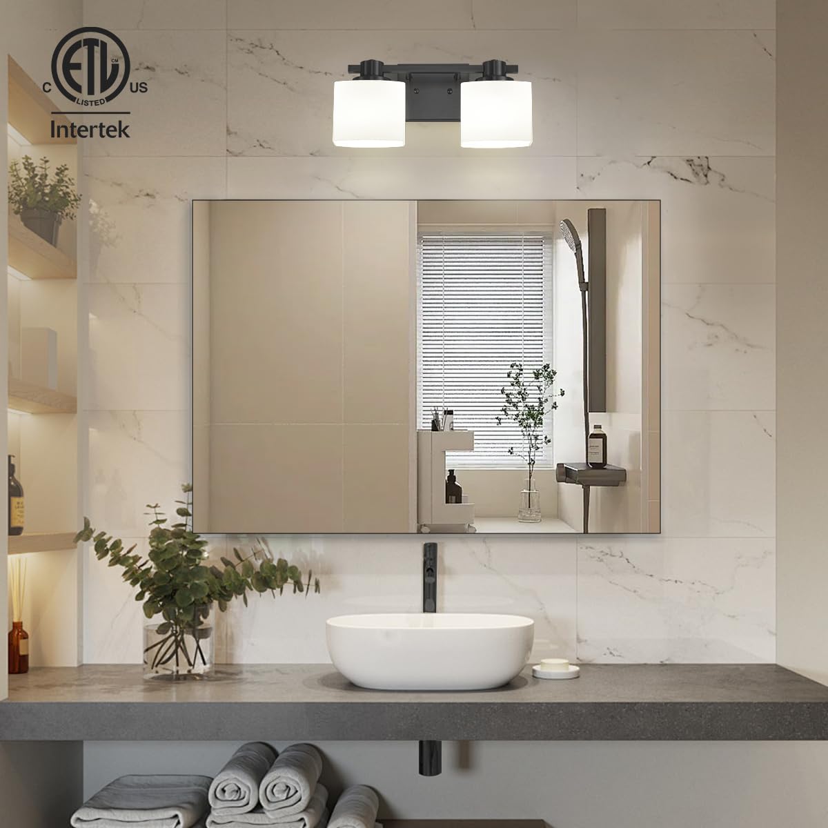 15.5 Inch Black Bathroom Light Fixtures Over Mirror 2 Light Matte Black Vanity Light Milk Glass Makeup Shower Lamp Small Farmhouse Wall Sconce Modern Desk Vintage Rustic Bath Above Sink Lighting