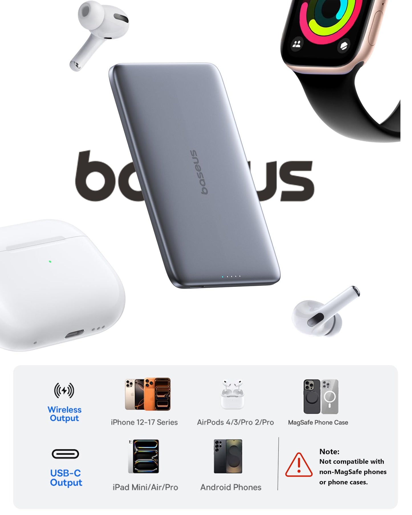 Baseus Picogo Power Bank, 0.3" Ultra Slim 5000mAh MagSafe Portable Charger, Card-Size Magnetic Battery Pack with USB-C Braided Cable, Alloy Wireless Charger for iPhone 17 Pro Max/17 Air/16/15/14/13/12
