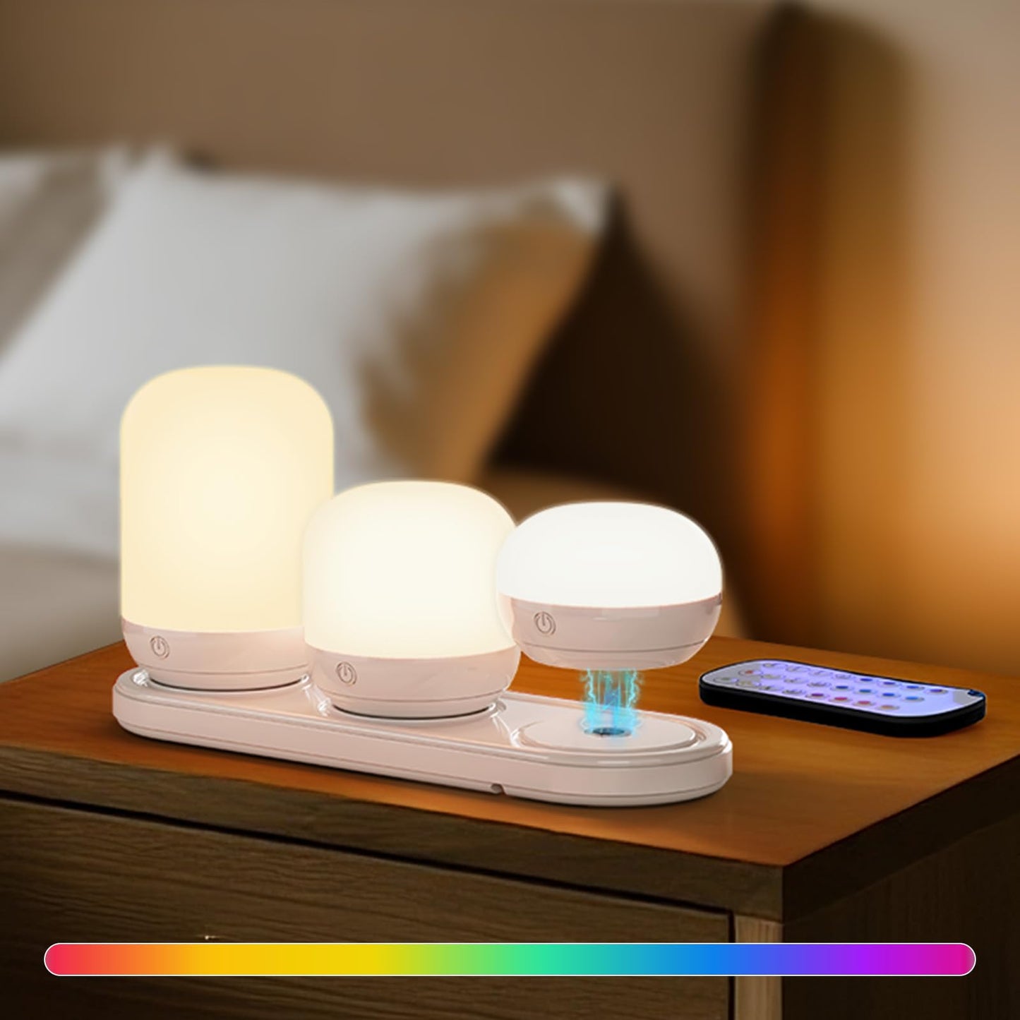 SUNMORY Rechargeable Night Light Table Lamp, Dimmable, Small, Metal, White, Model F00085014A, 12 RGB Colors, Timer & Remote Control