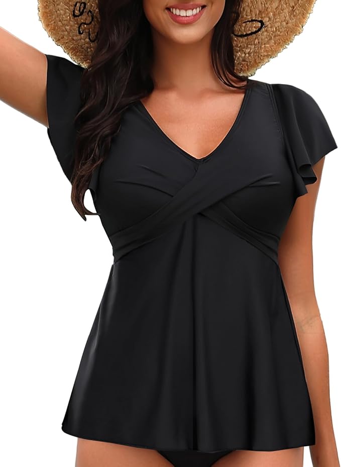 Aqua Eve Tankini Tops for Women Swimwear Ruffle Sleeve Swim Top Flowy Swimsuit Bathing Suit Top No Bottom