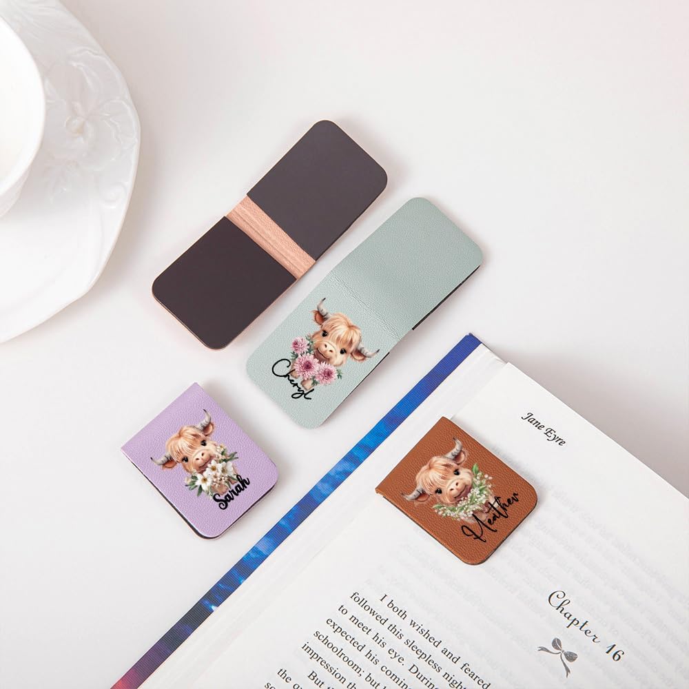 CALLIE Personalized Magnetic Bookmark Clip – Custom Name Reading Gifts for Book Lovers, Birthday Teacher's Day Christmas for Bookworm Gifts (Highland Cow Birth Flower)
