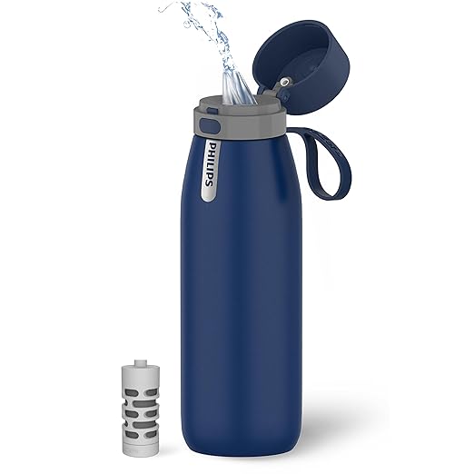 PHILIPS Filtered Water Bottle, Insulated Stainless Steel Water Purifier Bottle for Daily Life & Travel, BPA Free with GoZero Everyday Filter for Cleaner & Tastier Tap Water, Keeps Cold, 32 oz