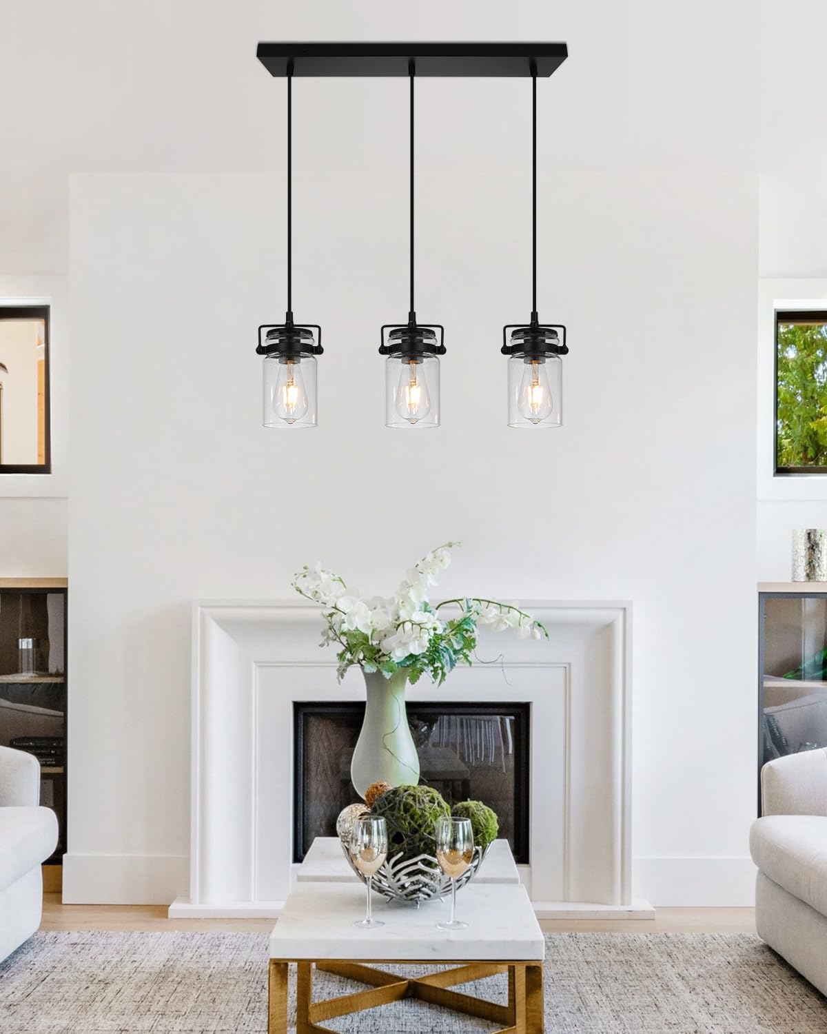 Foucasal Kitchen Pendant Lighting Over Island Pendant Lights With Seeded Glass Shade Black 3 Pendant Lighting Adjustable Farmhouse Ceiling Light For Kitchen Island Dining Room Bedroom Living Room