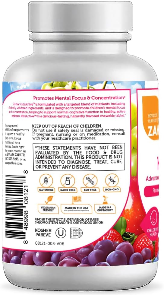 Zahler KidsActive, Kids Chewable Concentration Formula, All Natural Children’s Supplement Supporting Focus, Certified Kosher, 60 Fruit Punch Flavored Tablets