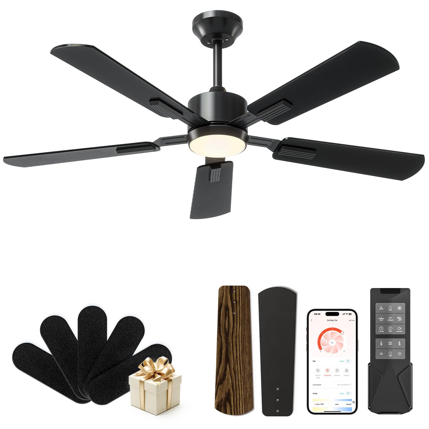CubiCubi 52-Inch Ceiling Fan with Lights, Remote/APP Control, Dimmable, Quiet, Reversible, Deep Walnut, Model Cubicubi-52-BK