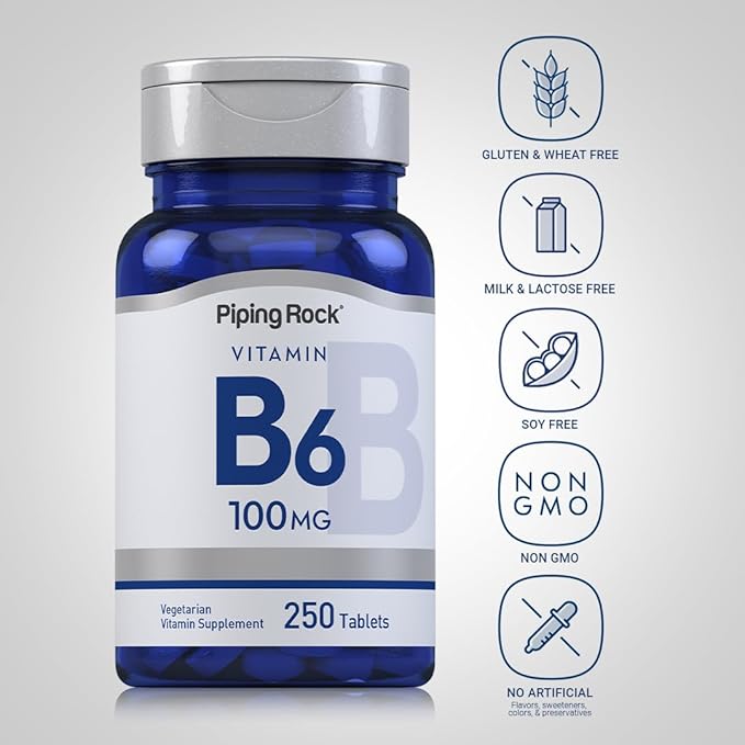 Piping Rock Vitamin B6 100mg | 250 Tablets | as Pyridoxine Hydrochloride | Vegetarian, Non-GMO, Gluten Free Supplement