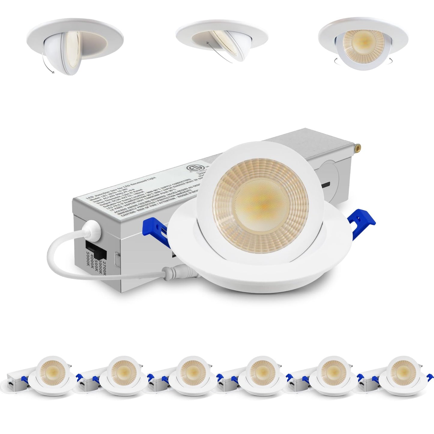Adetu 2 Inch 5Cct Gimbal Led Recessed Lighting With Junction Box  360?90?Adjustable Recessed Can Lights  2700K/3000K/3500K/4000K/5000K Selectable  5W Eqv 50W  550Lm Brightness - Etl (White 6 Pack)