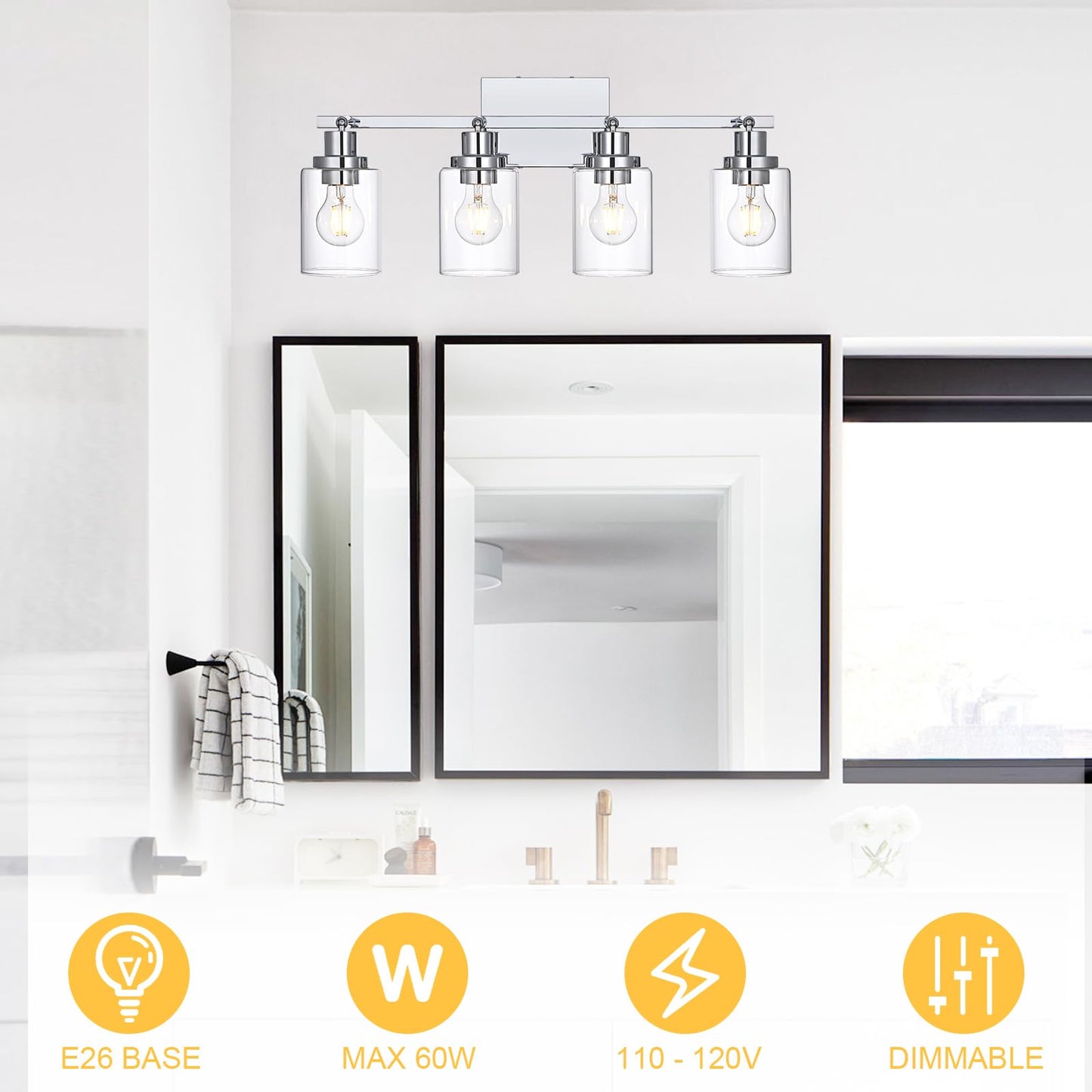 Wanluce 4-Light Track Lighting Kit Ceiling Kitchen Track Lighting Fixtures Chrome Bathroom Vanity Wall Lights With Clear Glass Multi-Directional Rotating Tracking Light Heads Spotlight For Accent Shop