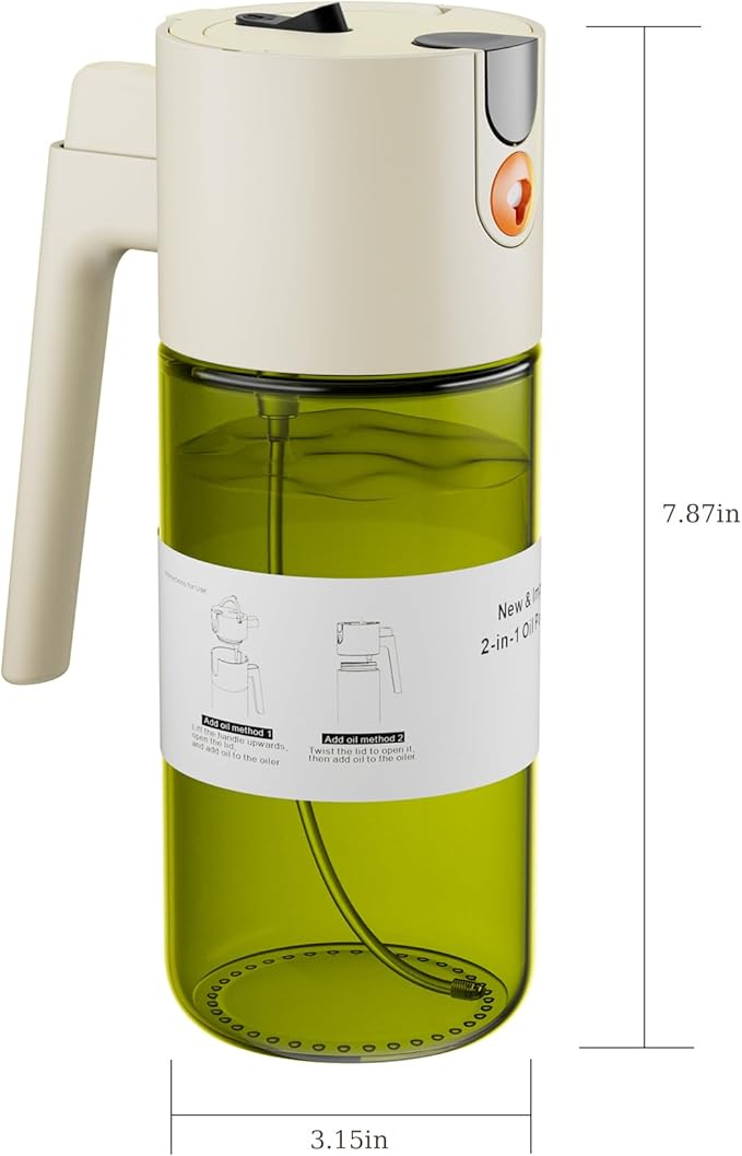 Upgrade 2 in 1 Oil Sprayer for Cooking, Olive Oil Dispenser Bottle for Kitchen Gadgets with Stickers, 17oz/500ml Food Grade Light-Blocking Glass Spray Bottle for Salad, Air Fryer, BBQ