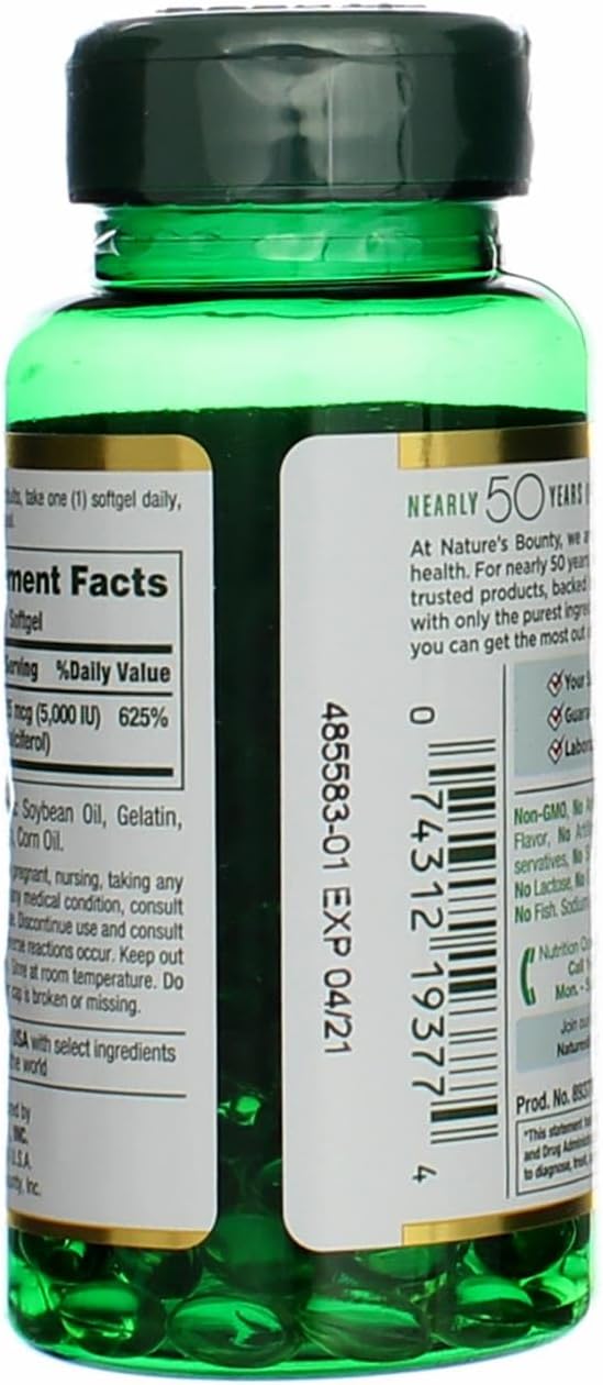 Nature's Bounty Vitamin D-5000 IU Softgels, Maximum Strength 100 ea (Pack of 4)