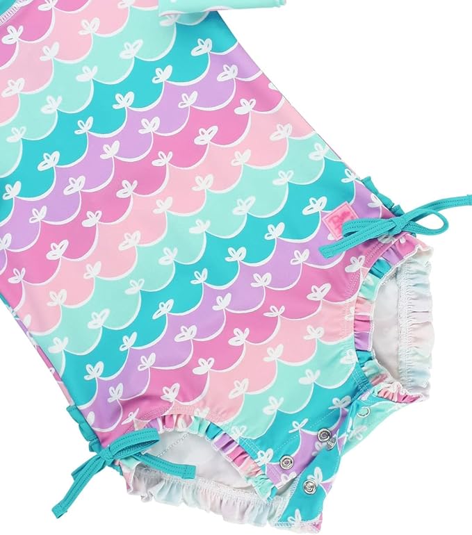 RuffleButts Baby Girls UPF 50+ Sun Protection Novelty Print Long Sleeve One Piece Rash Guard Swimsuit with Zipper
