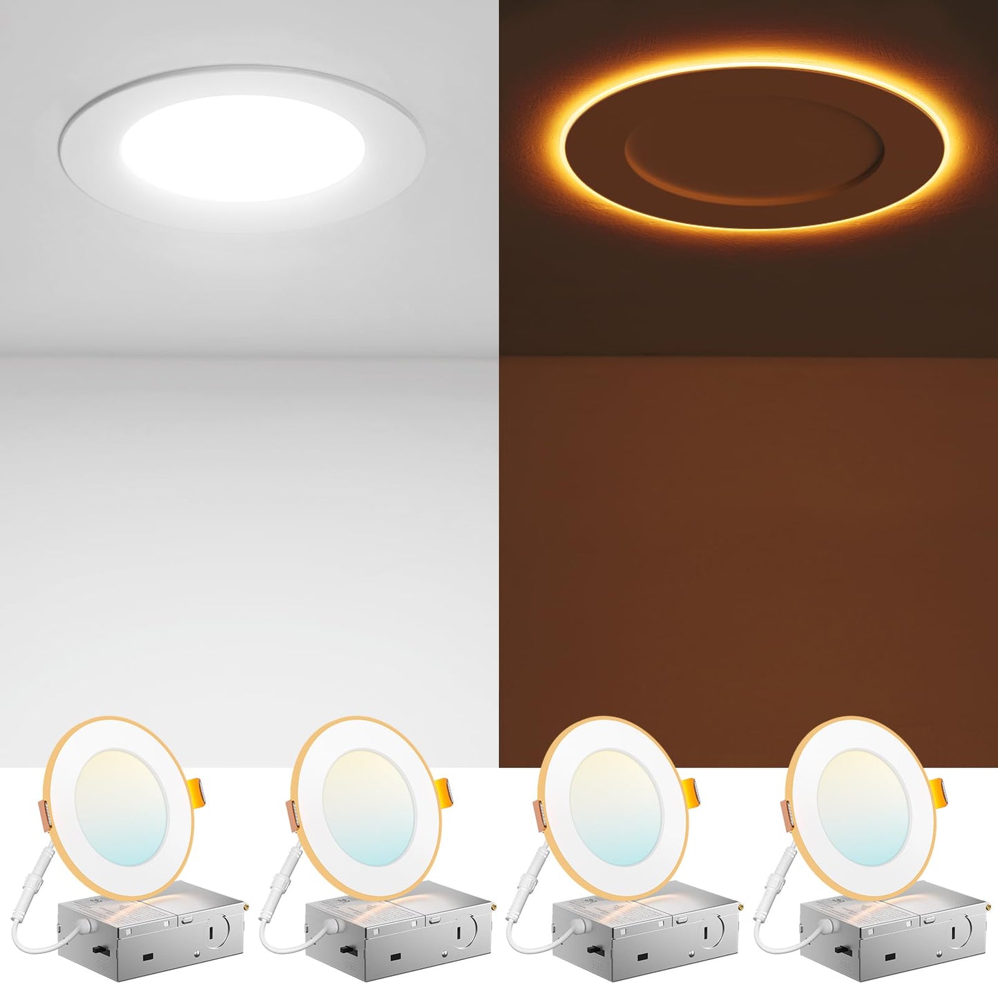 Amico 4 Pack 4 Inch 5Cct Led Recessed Ceiling Light With Night Light  2700K/3000K/3500K/4000K/5000K Selectable Ultra-Thin Recessed Lighting  10W=90W  700Lm  Dimmable Canless Wafer Downlight Etl&Fcc