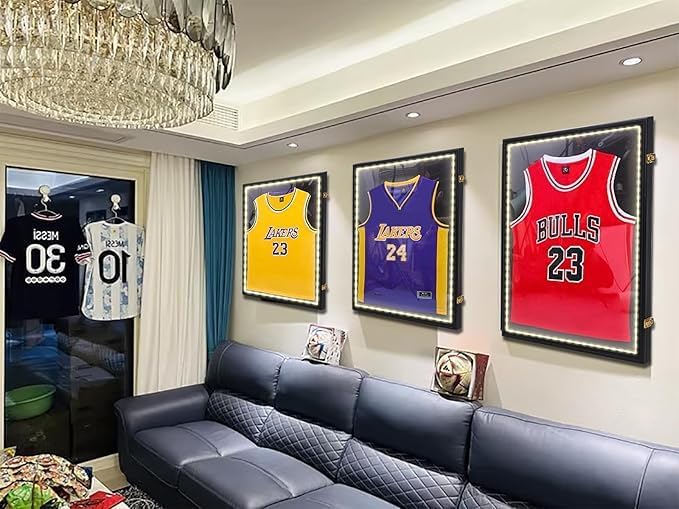 Nice C Jersey Frame Display Case with Lights, Jersey Shadow Box Display Cases, Football Jersey Display Case with LED, 98% UV Protection, Valet Pinboard, Acrylic, Basketball (LED 4 Pack)