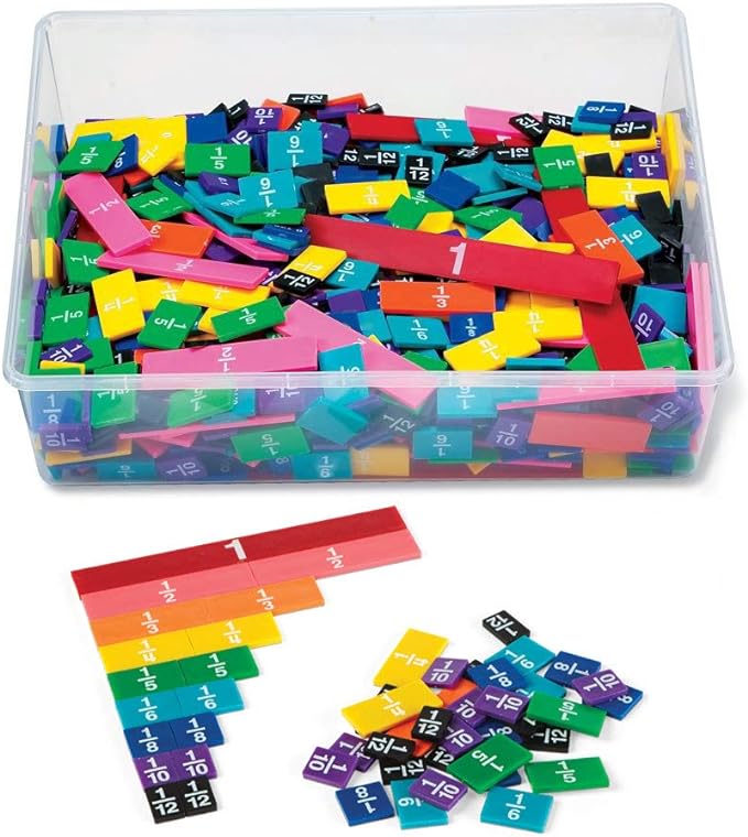 hand2mind Plastic Rainbow Fraction Tiles + Mini Geared Clock for Learning to Tell Time (15 Sets of 51 Pieces + Set of 24)