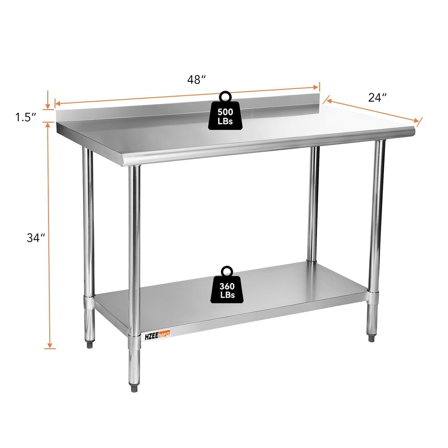 HZEEMFG Stainless Steel Table for Prep & Work 24 x 48 inches,4ft,Heavy Duty Metal Table with Backsplash for Commercial Kitchen, Restaurant, Home, Hotel, Laundry Room,Garage, Workshops