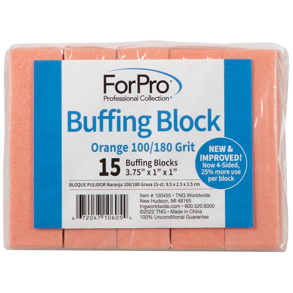 ForPro Professional Collection Buffing Block, Orange, 100/180 Grit, Three-Sided Manicure and Pedicure Nail Buffer, 3.75    L x 1